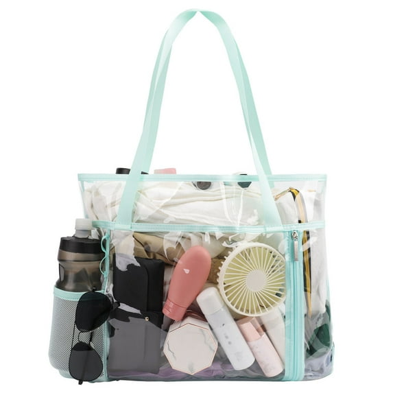 Tinyat Extra Large Clear Beach Bag for Women PVC Mesh Tote with 5-Pockets Pool Bag for Seaside Swimming Picnic Green