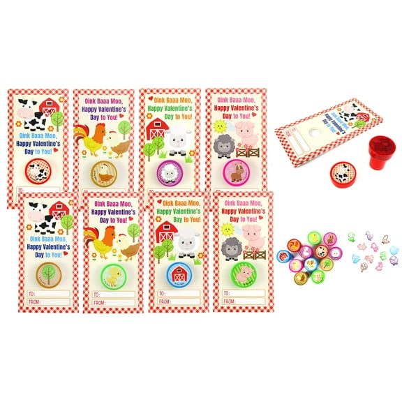 Tinymills 36pc Farm Animal Cards with Stampers for Kids, Valentine's Day, Classroom Exchange, Party Favors