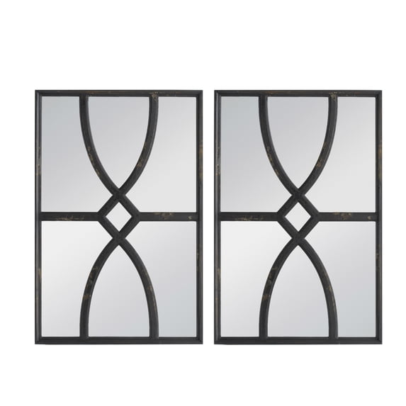 Tio 24 Inch Fir Wood Wall Mirror Set of 2, Geometric Overlaid Design, Black- Saltoro Sherpi