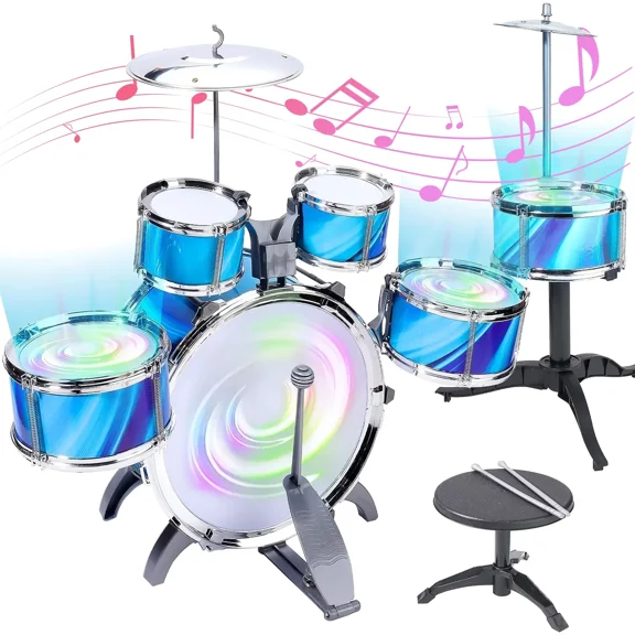 TiokMc 15-Piece Toddler Drum Set with LED Lights, Beginner Musical Instruments for Boys & Girls Age 1-3, Includes Drumsticks, Cymbals, Stool & Accessories