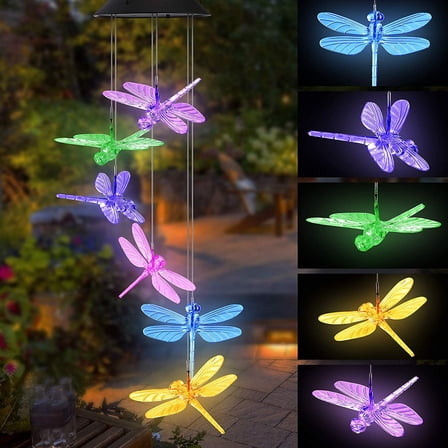 TiokMc Color-Changing Solar Dragonfly Wind Chime - Iutdoor Patio Deck Yard Garden Home Deco,Birthday Gift for Mom Grandma