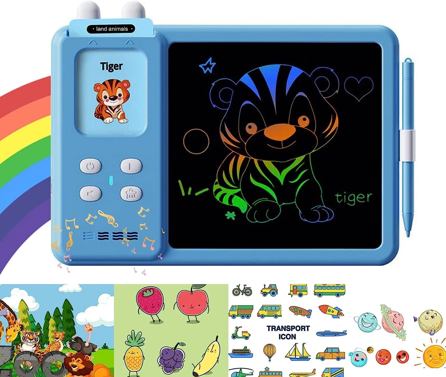 TiokMc Educational Learning Toy for Toddlers, LCD Writing Tablet & Doodle Board with 112 Flash Cards, 224 Words, Ages 3-6, Boys & Girls, Blue