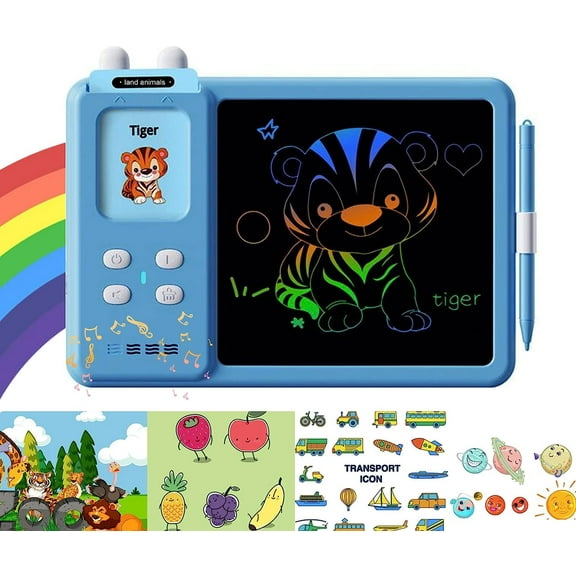 TiokMc Educational Learning Toy for Toddlers, LCD Writing Tablet & Doodle Board with 112 Flash Cards, 224 Words, Ages 3-6, Boys & Girls, Blue