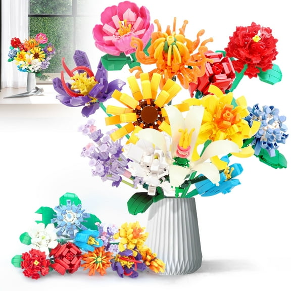 TiokMc Flower Bouquet Building Set - 1064 Pcs, 12 Artificial Flowers for Home Decor - Great for Valentines’ Day, Christmas, Birthday(No Vase )