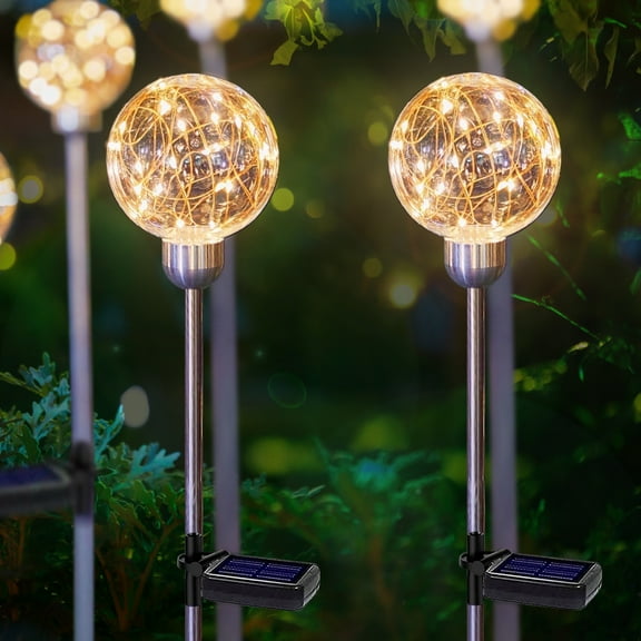 TiokMc Globe Solar Lights Outdoor Stake (2 Pack) - Warm White Firefly LED Lights - Plastic & Metal Color Solar Lights for Yard Dcor