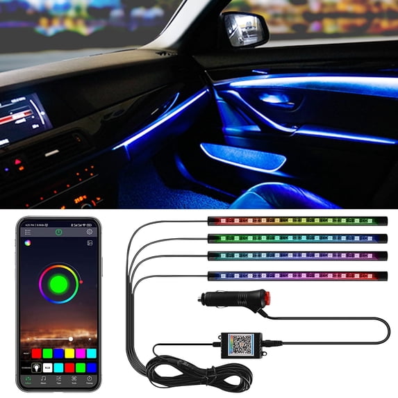 TiokMc 4 Pcs Car Interior LED Strip Lights, Multi-Color App-Controlled with Music Mode, Under Dash Lights for Cars, SUVs, DC 12V