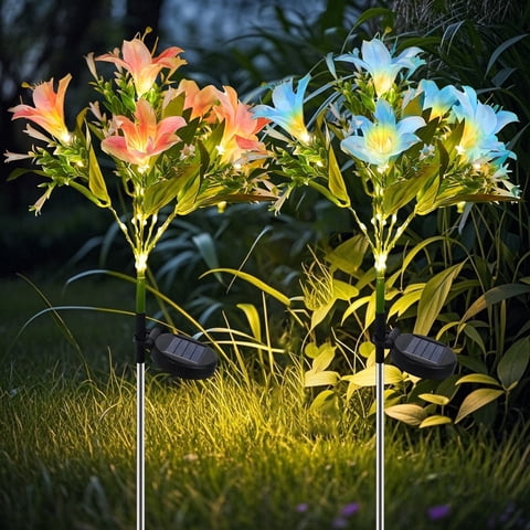 Rnkr 2 Pack Solar Flower Lights Outdoor, 28 LED Waterproof Solar Lily Lights with 4 Color-Changing LEDs for Garden, Yard, Pathway, Lawn, Camping, Patio Decoration