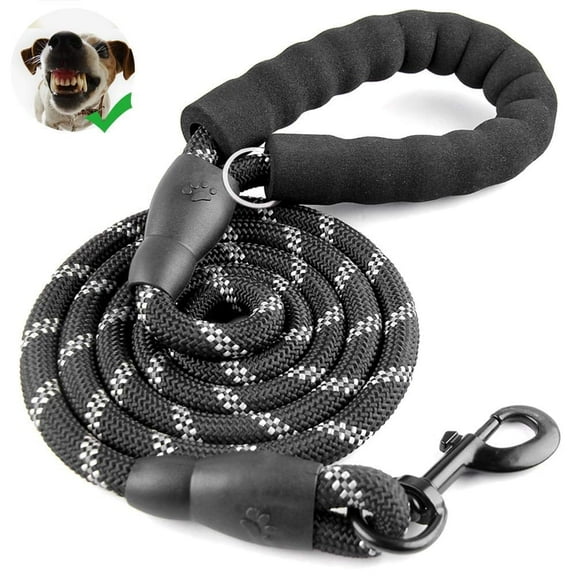 TiokMc 5FT Rope Dog Leash for Medium & Large Dogs up to 150lbs, Padded Handle, Reflective Threads, Durable Braided Nylon, Strong Metal Clasp Black