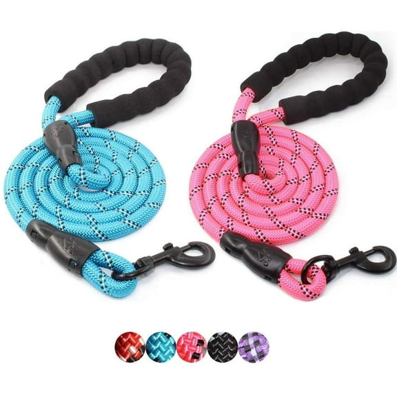 TiokMc 5FT Rope Dog Leash for Medium & Large Dogs up to 150lbs, Padded Handle, Reflective Threads, Durable Braided Nylon, Strong Metal Clasp (Blue/Pink)