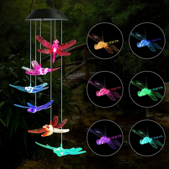 TiokMc Solar Dragonfly Wind Chimes - Color Changing LED Outdoor Hanging Patio Light