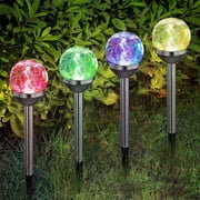 TiokMc 4 Pack Solar Garden Lights Outdoor, Color-Changing Crackle Glass Globe Lights, IP65 Waterproof LED Pathway Lighting with Auto On/Off, for Lawn Patio Yard Decor