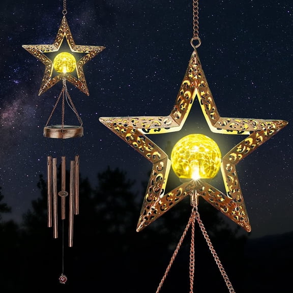 TiokMc Solar Star Wind Chimes with Cracked Glass Balls, 42-Inch Outdoor Garden Chandelier, Warm LED Light for Patio, Yard, Indoor Decor