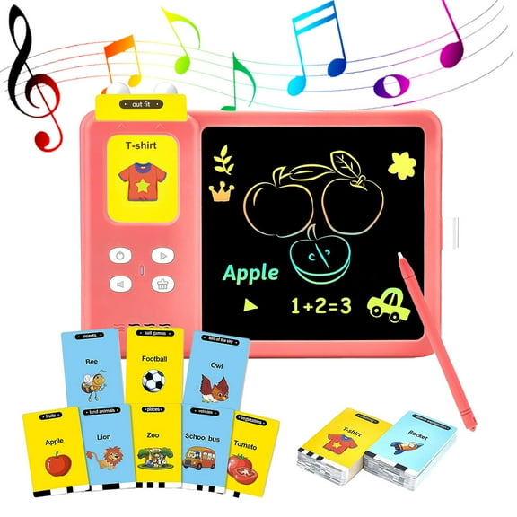 TiokMc Toddler Doodle Board for Kids, LCD Writing Tablet with 112 Learning Flash Cards and 224 Words, Drawing Pad, Preschool Educational Toys Gifts for 3-6 Years Old Kids (Pink)