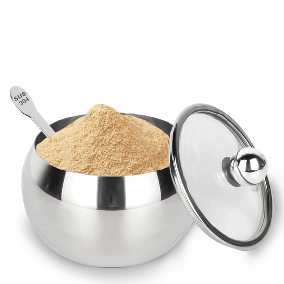 TiokMc Large Sugar Bowl with Glass Lid and Stainless Steel Spoon, 16.9oz / 0.5L Capacity, Durable Stainless Steel, Wide Mouth, Dishwasher Safe