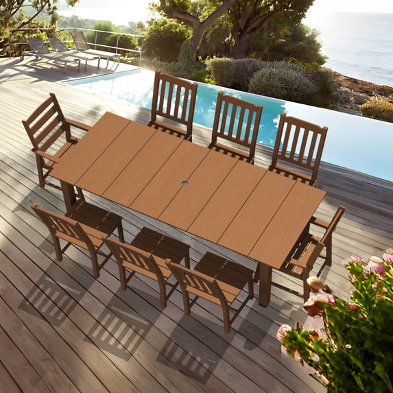 Tioline 9-Piece HDPE Outdoor Dining Set with a table and chairs,Brown