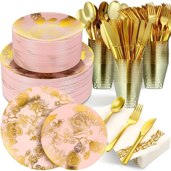 Tioncy 3Pcs Gold Floral Plastic AFN1Dinnerware for Guests Disposable Dinnerware Set Include Plates, Forks, Knives, Spoons, Cups, Napkins for Christmas Party Wedding Baby Shower(Pink Base Color)
