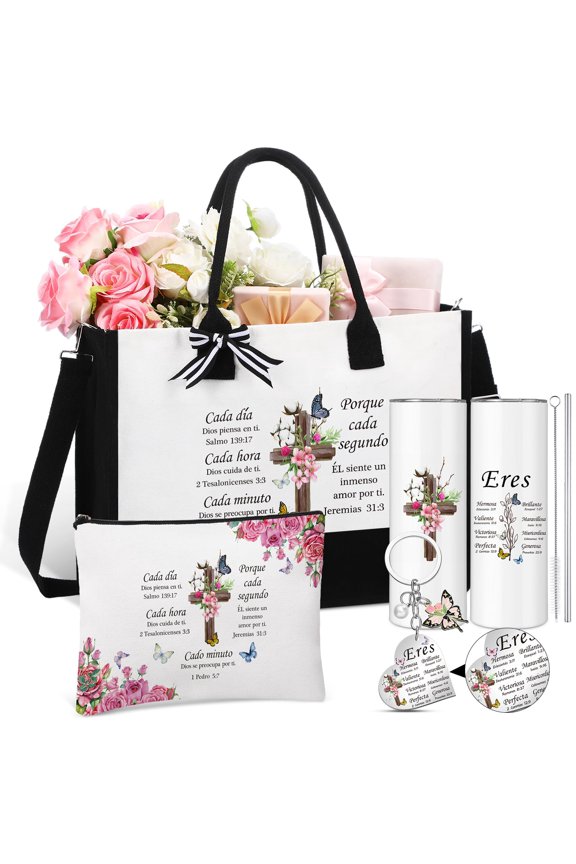 4 Pcs Spanish Christian Gifts Set for Inspiration Religious Tote Bag 20 oz Stainless Steel Tumbler Bible Verse Keychain Makeup Bag for Mom Grandma Birthday International Women's Day Gifts Y201