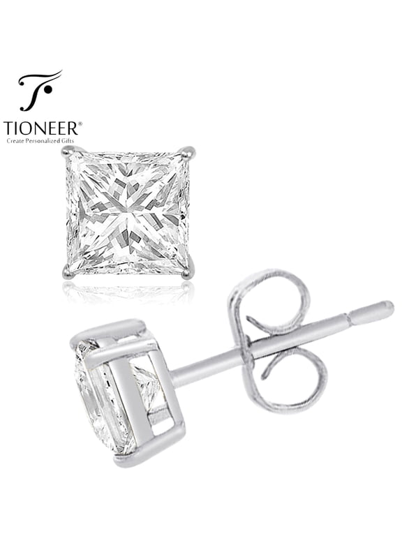 10mm Sterling Silver 925 Dark Princess Square-Cut Solitaire Style Cubic Zirconia Earring Stud For Men And Women | Includes a Tioneer Marked Jewelry Box