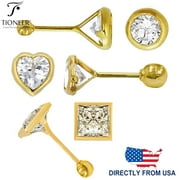 Tioneer 14K Gold Bezel Round Square Heart Cubic Zirconia Screw Back Stud Earrings 3-6mm