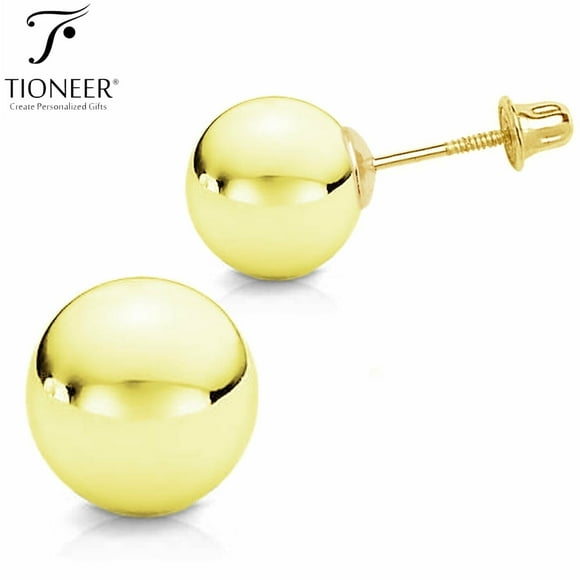 Tioneer 14K Solid White / Yellow Gold Minimalist Round Ball Screw Back Stud Earrings