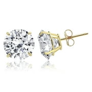 Tioneer 14K Solid Yellow Gold Minimalist Round-Cut Solitaire CZ Stud Post Push Back Earrings