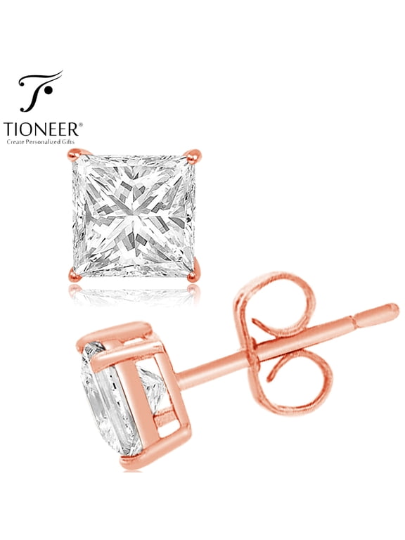 4mm Rose Gold Plated Sterling Silver 925 Dark Princess Square-Cut Solitaire Style Cubic Zirconia Earring Stud For Men And Women | Includes a Tioneer Marked Jewelry Box