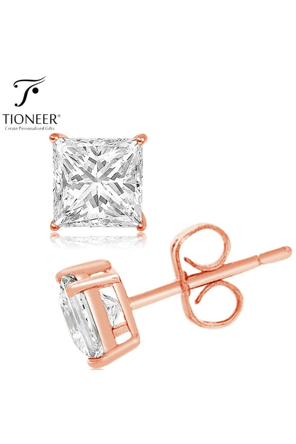 7mm Rose Gold Plated Sterling Silver 925 Dark Princess Square-Cut Solitaire Style Cubic Zirconia Earring Stud For Men And Women | Includes a Tioneer Marked Jewelry Box