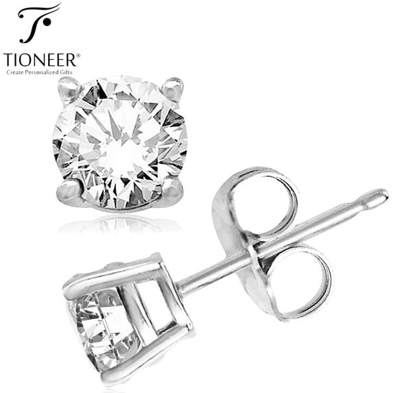 Tioneer 7mm Sterling Silver 925 Dark Brilliant Round-Cut Solitaire Style Cubic Zirconia Earring Stud For Men And Women | Includes a Tioneer Marked Jewelry Box