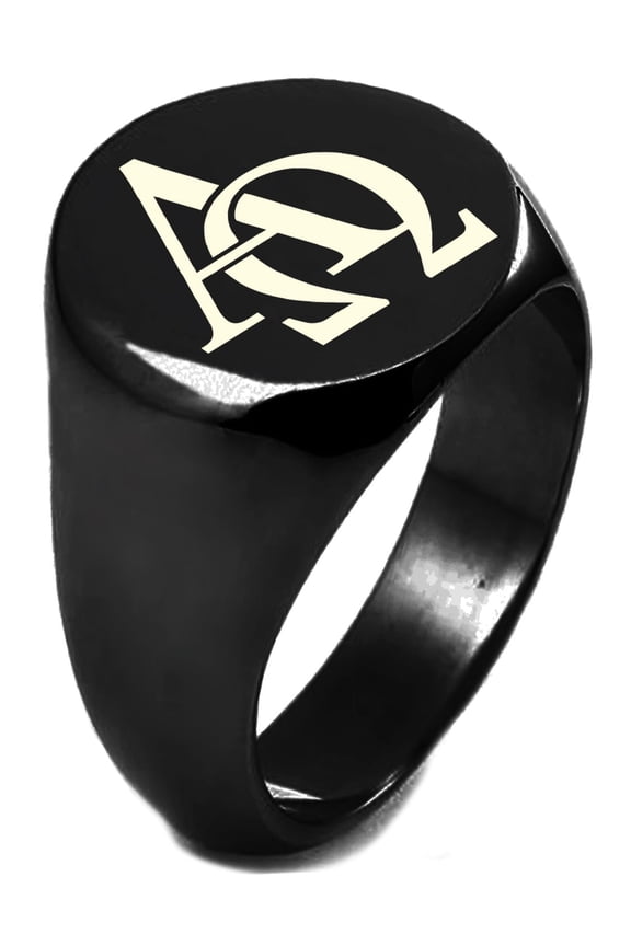 Black IP Plated Sterling Silver Alpha Omega Symbol CZ Engraved Round Flat Top Polished Ring