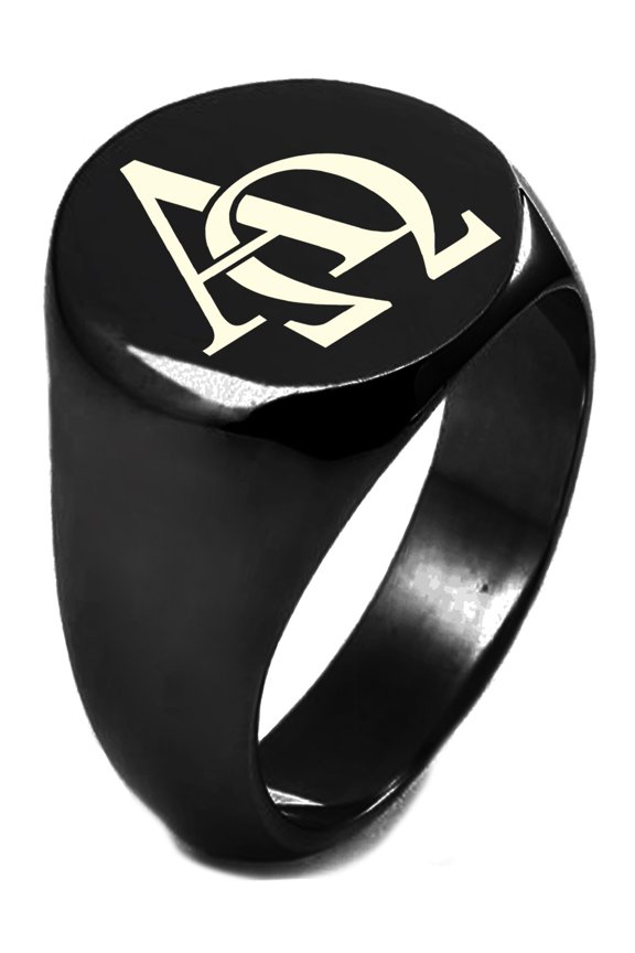 Black IP Plated Sterling Silver Alpha & Omega Symbol Engraved Round Flat Top Polished Ring