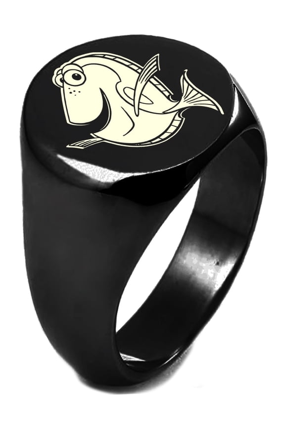 Black IP Plated Sterling Silver Disney Finding Dory CZ Engraved Round Flat Top Polished Ring