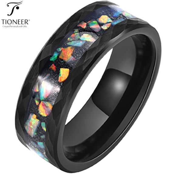 Tioneer Black IP Tungsten Ring 8mm Galaxy Series w/ Opal Inlay in Different Styles Wedding Band for Men Women w/ FREE Engraving Options