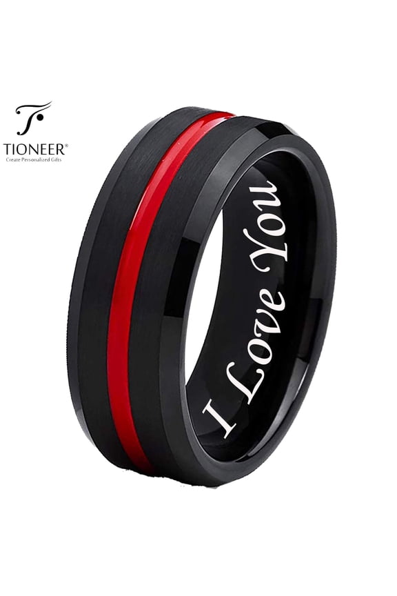 Black IP Tungsten Ring w/ Distinct Blue or Red Center Line 8mm Comfort Fitw/ Free Engraving Options