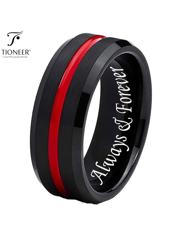 Black IP Tungsten Ring w/ Distinct Blue or Red Center Line 8mm Comfort Fitw/ Free Engraving Options