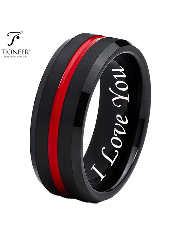 Black IP Tungsten Ring w/ Distinct Blue or Red Center Line 8mm Comfort Fitw/ Free Engraving Options