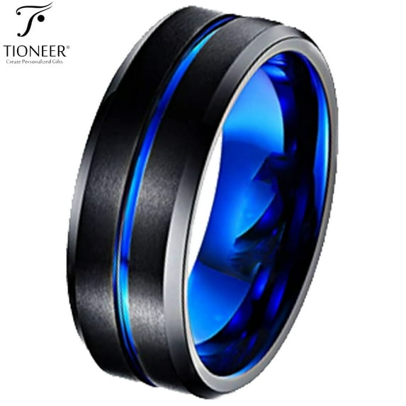 Tioneer Black IP Tungsten Ring w/ Distinct Blue or Red Center Line 8mm Comfort Fitw/ Free Engraving Options
