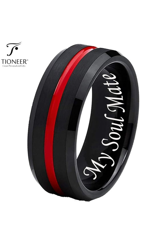 Black IP Tungsten Ring w/ Distinct Blue or Red Center Line 8mm Comfort Fitw/ Free Engraving Options
