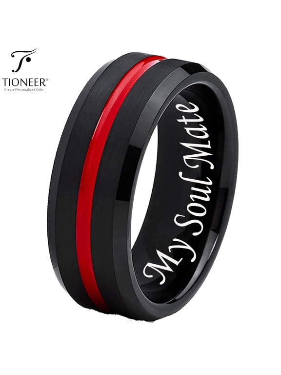 Black IP Tungsten Ring w/ Distinct Blue or Red Center Line 8mm Comfort Fitw/ Free Engraving Options