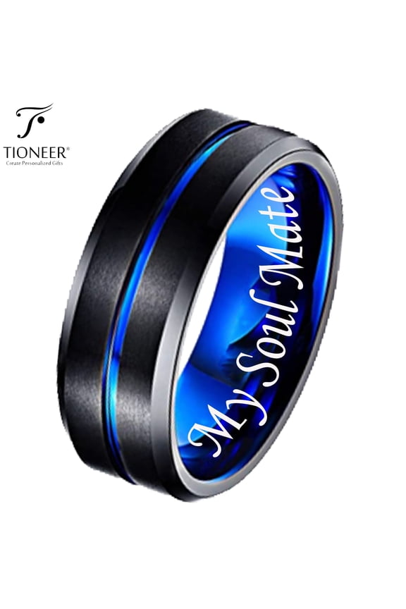 Black IP Tungsten Ring w/ Distinct Blue or Red Center Line 8mm Comfort Fitw/ Free Engraving Options