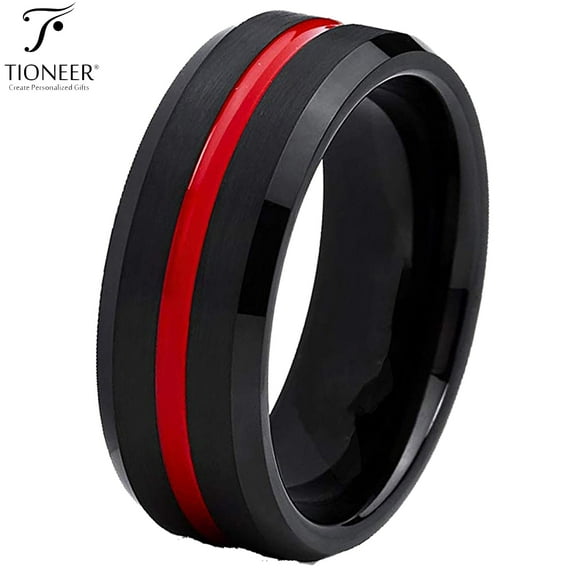 Tioneer Black IP Tungsten Ring w/ Distinct Blue or Red Center Line 8mm Cubic Zirconia Comfort Fit