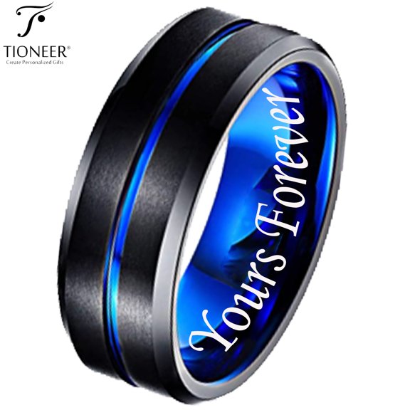 Tioneer Black IP Tungsten Ring w/ Distinct Blue or Red Center Line  Diamond Comfort Fit w/ Free Engraving Options 8mm