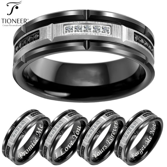 Tioneer Black-Silver Tungsten Carbide 8mm Brick Design w/ Black & White Cubic Zirconia Wedding Band Ring Mens Womens 8MM w/ FREE Engraving