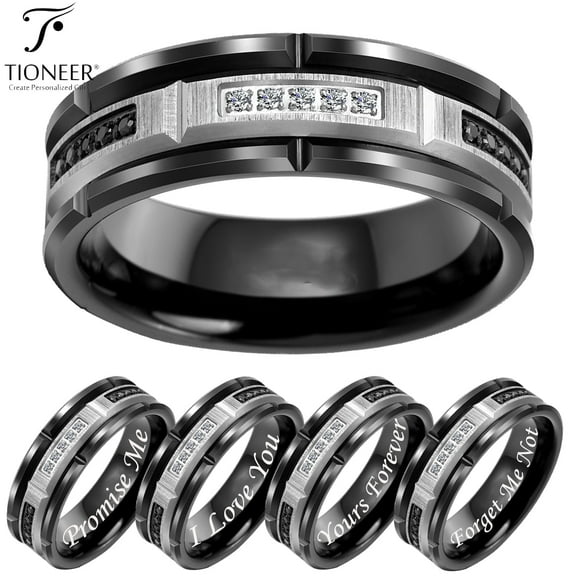 Tioneer Black-Silver Tungsten Carbide 8mm Brick Design w/ Black & White Cubic Zirconia Wedding Band Ring Mens Womens 8MM w/ FREE Engraving