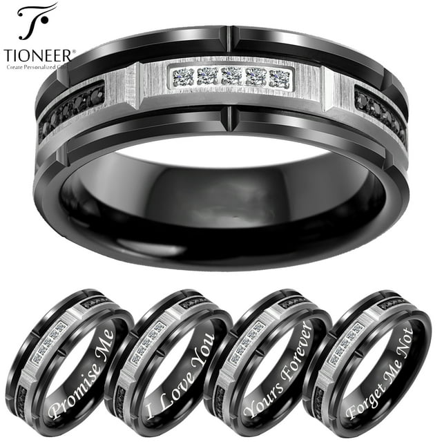 Tioneer BlackSilver Tungsten Carbide 8mm Brick Design w/ Black & White Cubic Zirconia Wedding
