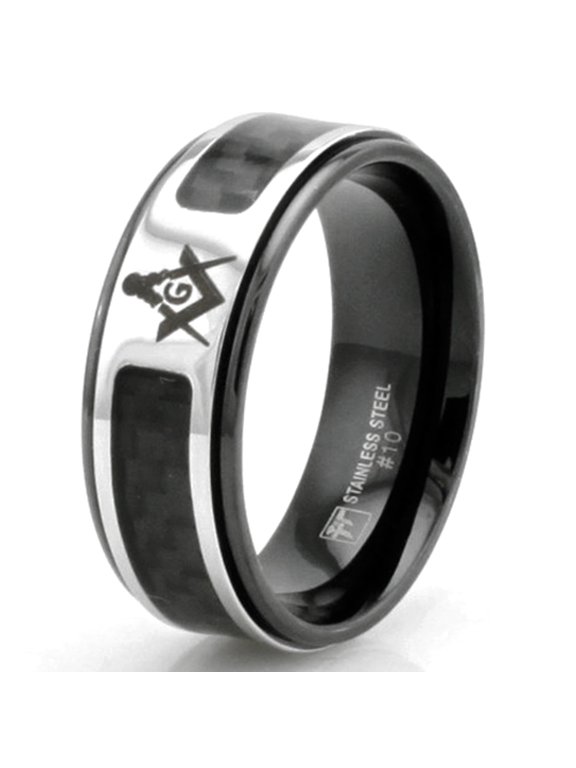 Black Tioneer Stainless Steel Carbon Fiber Freemasons Masonic Symbol Wedding Band Ring
