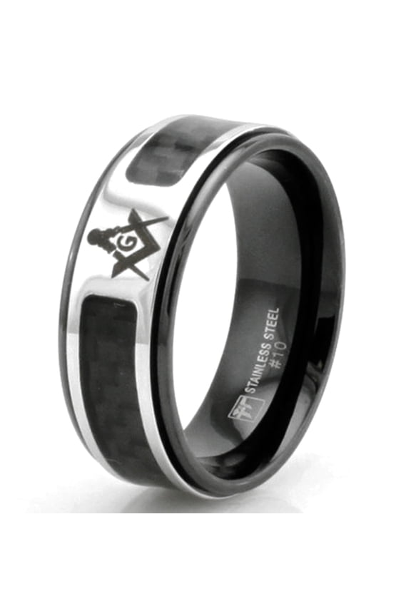 Black Tioneer Stainless Steel Carbon Fiber Freemasons Masonic Symbol Wedding Band Ring