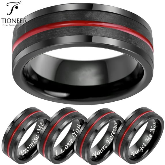 Tioneer Black Tungsten Carbide Fiber Red Groove CZ Wedding Band Ring Men Women Free Engraving 8MM