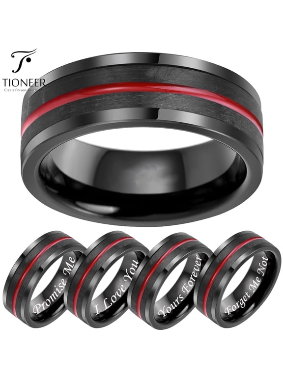 Black Tungsten Carbide Forged Red Groove CZ Wedding Band Ring Men Women Free Engraving 8MM
