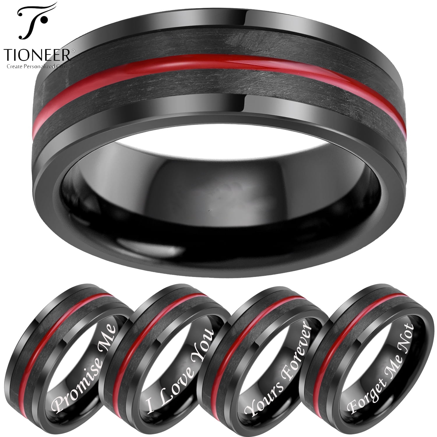 Tioneer Black Tungsten Carbide w\/ Forged Carbon Fiber Red Groove Center Wedding Band Ring Mens ...