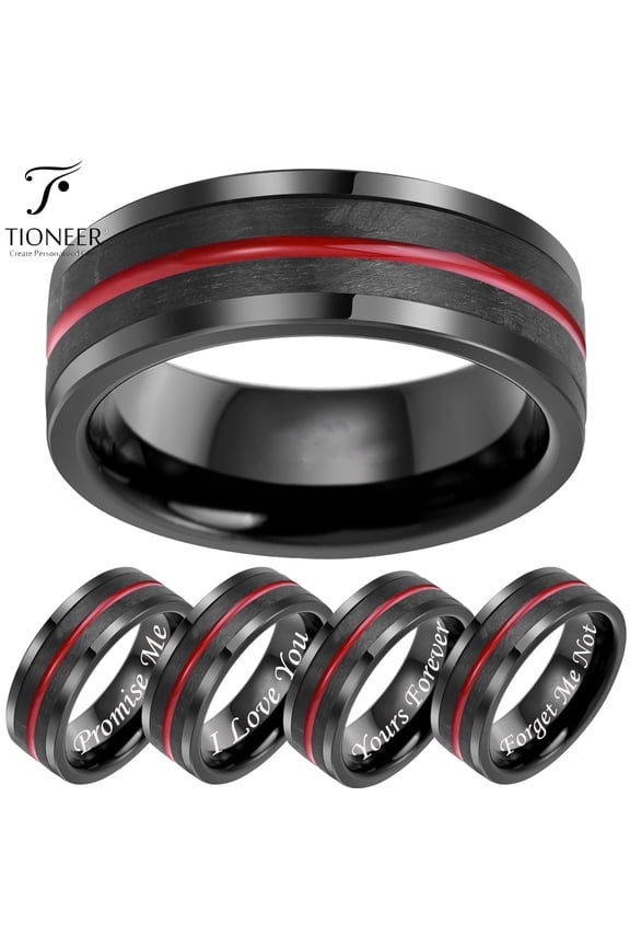 Black Tungsten Carbide w/ Forged Carbon Fiber Red Groove Center Wedding Band Ring Mens Womens 8MM w/ FREE Engraving
